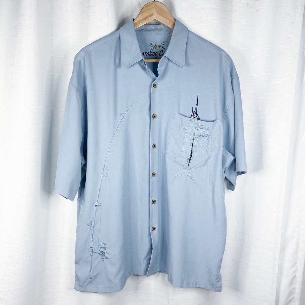 Bamboo Cay Shirt Mens L Blue Embroidered Sailfish Fishing Camp Resort Hawaiian